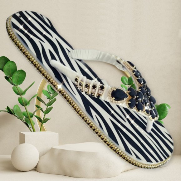 Women's Luxury zebra print flip flops with crystals and rhinestones all occasion - Picture 14 of 16